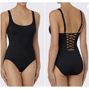 Michael Kors One Piece Swimsuit Women 8 Black Lace Up Back Scoop Neck Strappy